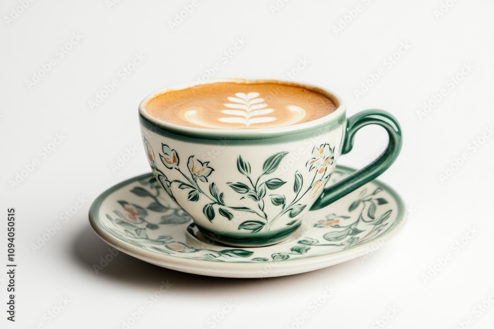 A beautifully designed cup of coffee with latte art on a decorative saucer.