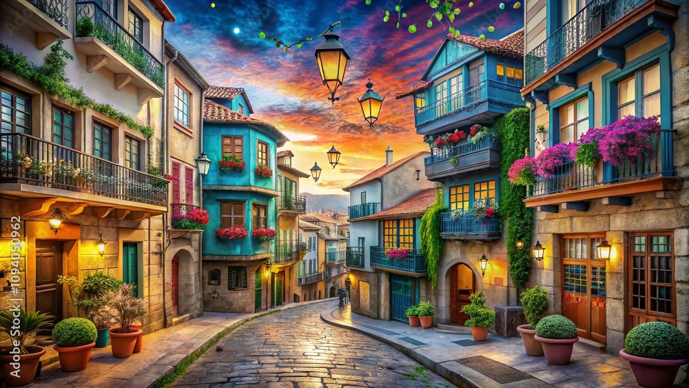 Naklejka premium Surreal Exploration of Pontevedra Street: A Dreamlike Journey Through the Enchanting City’s Architectural Wonders and Colorful Street Life, Blending Reality with Imagination