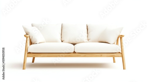 Stylish white sofa with wooden frame and plush cushions, perfect for modern interiors.