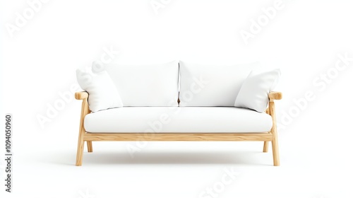 Modern wooden sofa with white cushions on an isolated background.