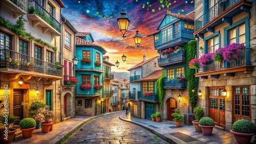 Surreal Exploration of Pontevedra Street: A Dreamlike Journey Through the Enchanting City’s Architectural Wonders and Colorful Street Life, Blending Reality with Imagination