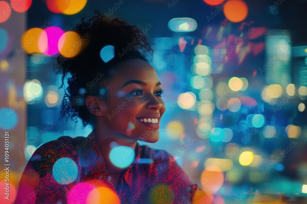 A smiling woman gazes thoughtfully, illuminated by colorful bokeh lights in a cityscape. A smiling woman gazes thoughtfully, illuminated by colorful bokeh lights in a cityscape.