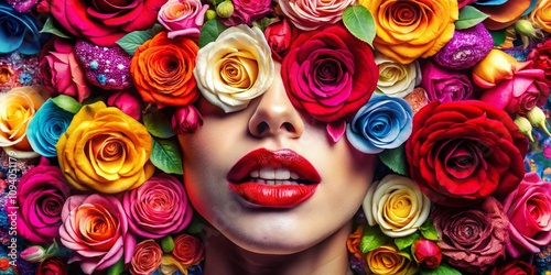 Surreal Fashion Drawing Featuring Rose and Lips Typography Slogan for Trendy T-Shirt Graphic Print, Blending Nature with Chic Aesthetic for Unique Apparel Design photo
