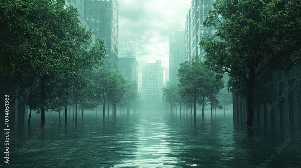 Obraz premium A flooded urban landscape with trees emerging from the water in a misty atmosphere.