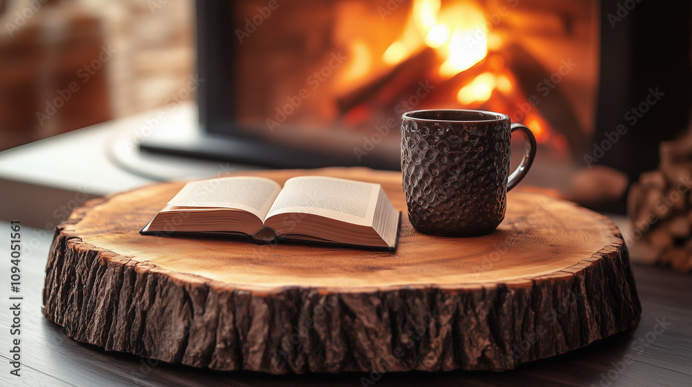 Cozy reading setup with a book and warm cup supporting stress management by the fireplace Cozy reading setup with a book and warm cup supporting stress management by the fireplace