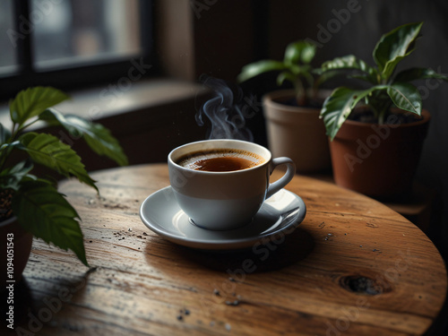 A beautifully crafted latte coffee sits on a saucer, placed on a wooden table by a window with a view of lush green trees. photo