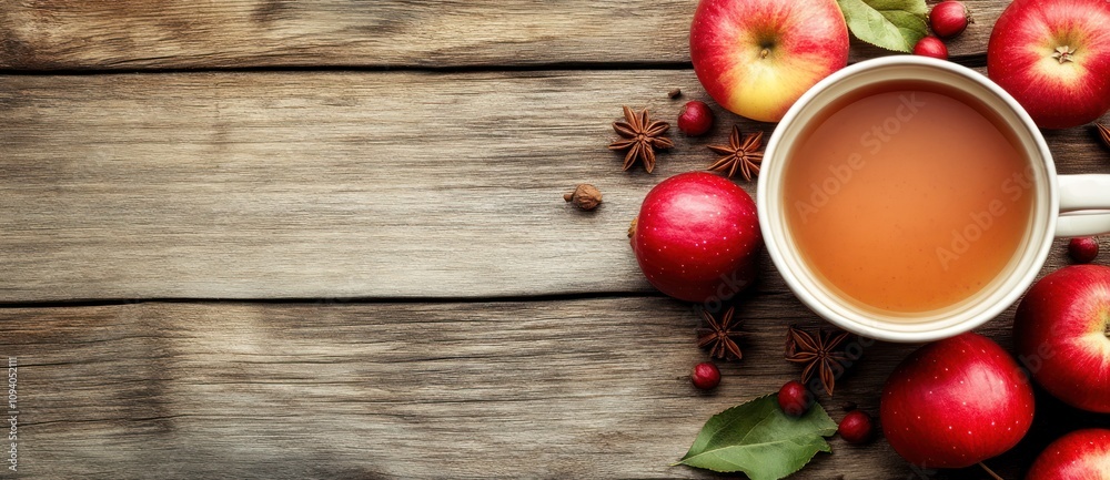 A cozy arrangement featuring a cup of tea, apples, and spices on a wooden surface. A cozy arrangement featuring a cup of tea, apples, and spices on a wooden surface.