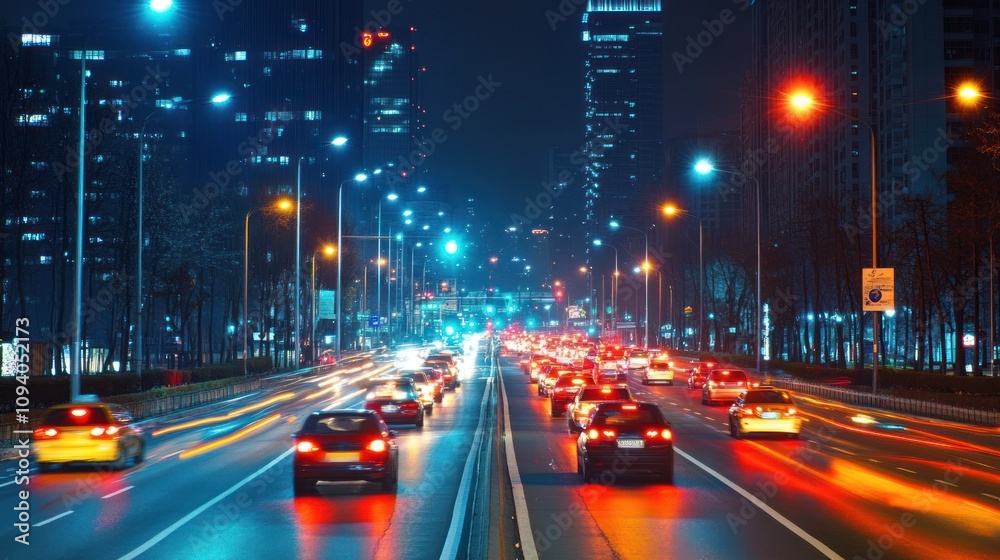 Nighttime urban scene with illuminated cars and buildings. Nighttime urban scene with illuminated cars and buildings.