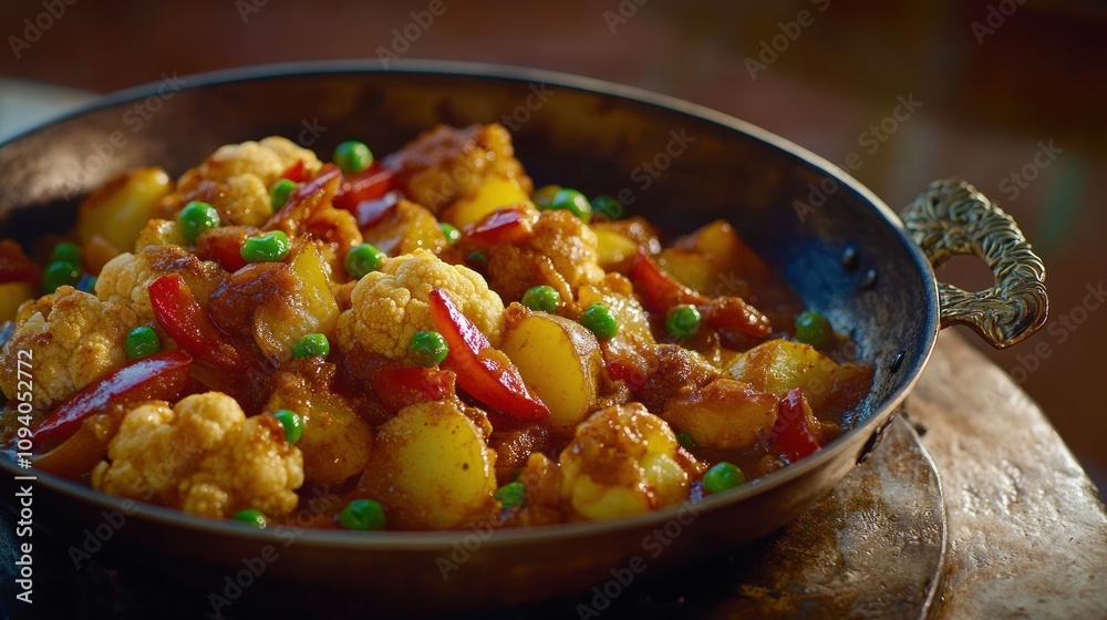 A vibrant dish featuring cauliflower, potatoes, peas, and red peppers in a spicy sauce. A vibrant dish featuring cauliflower, potatoes, peas, and red peppers in a spicy sauce.