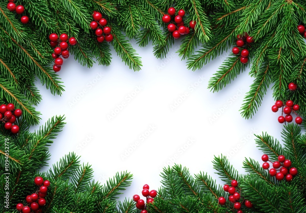 Festive Christmas Frame with Evergreen Branches and Red Berries Perfect for Holiday Greetings, Invitations, and Seasonal Decorations for Winter Celebrations