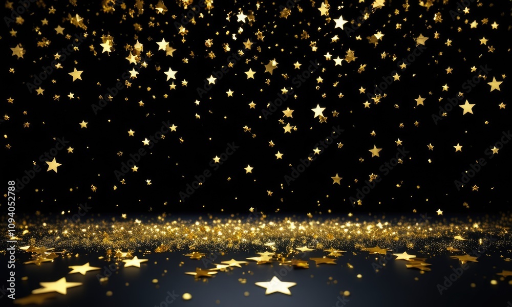 Naklejka premium Golden stars falling on black background: magical festive celebration atmosphere