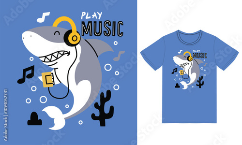 Cute shark enjoying music illustration with tshirt vector