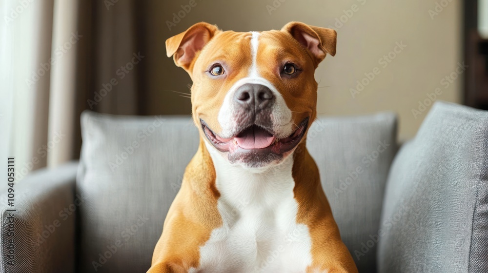 A happy dog sitting on a couch, exuding joy and companionship. A happy dog sitting on a couch, exuding joy and companionship.