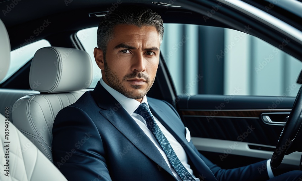 Confident businessman in luxury car interior with modern design