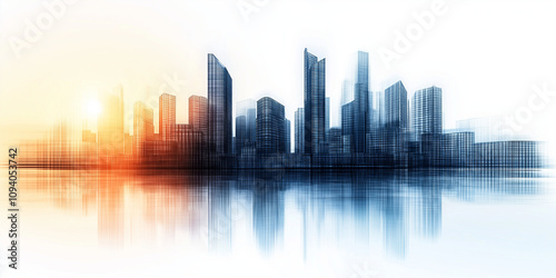 Modern City Skyline in Wireframe Style with Sunrise and Water Reflections