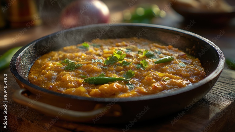 A steaming dish of lentil curry garnished with cilantro and green chilies. A steaming dish of lentil curry garnished with cilantro and green chilies.