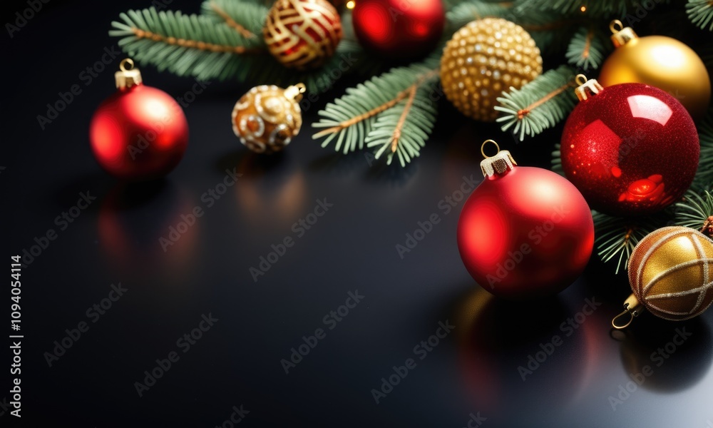 Festive christmas ornaments on elegant black background Festive christmas ornaments on elegant black background