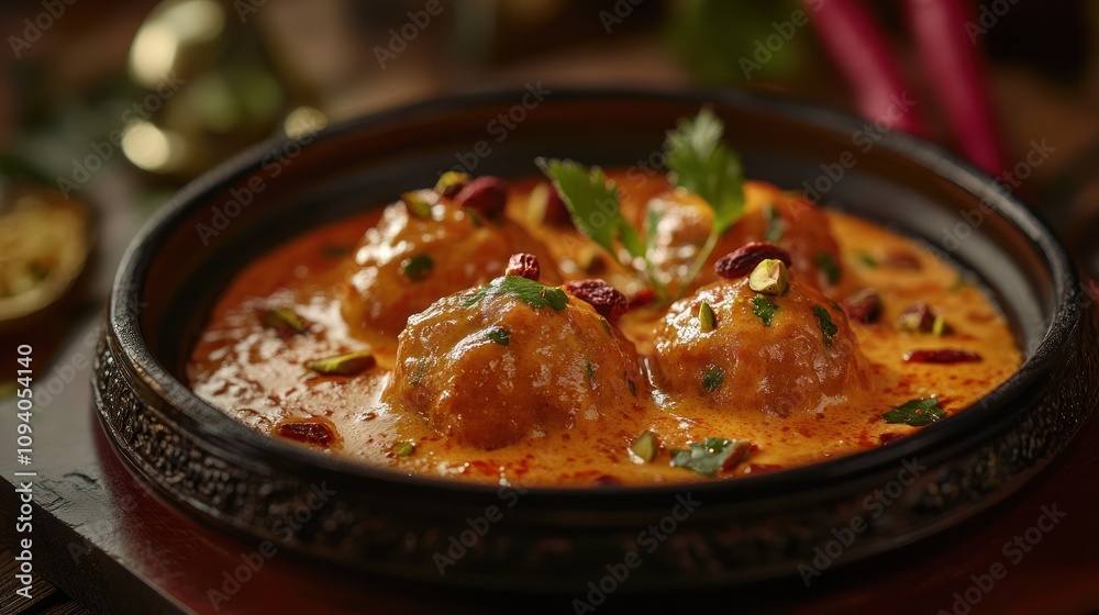 A delicious dish featuring dumplings in a creamy sauce, garnished with herbs and nuts. A delicious dish featuring dumplings in a creamy sauce, garnished with herbs and nuts.