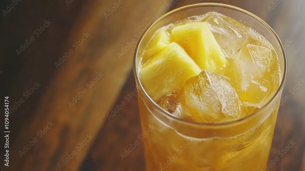 A refreshing drink with ice and pineapple chunks in a tall glass on a wooden surface. A refreshing drink with ice and pineapple chunks in a tall glass on a wooden surface.