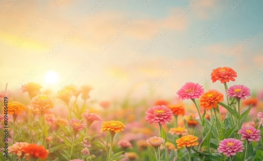 A vibrant field of colorful flowers basking in the warm glow of a sunrise. A vibrant field of colorful flowers basking in the warm glow of a sunrise.