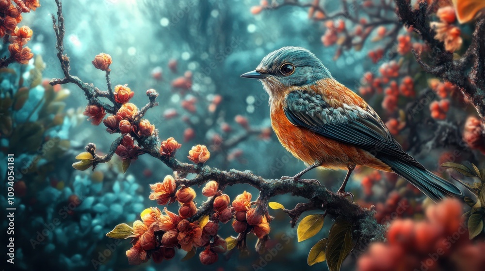 A vibrant bird perched on a branch adorned with blossoms in a mystical forest setting. A vibrant bird perched on a branch adorned with blossoms in a mystical forest setting.