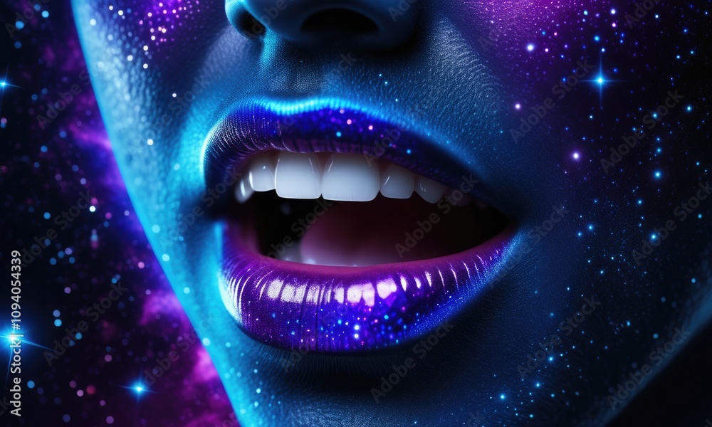 Cosmic lip art: vibrant galaxy effect on lips with starry aura Cosmic lip art: vibrant galaxy effect on lips with starry aura