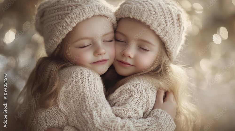 Serene Polish Twins Embracing in Soft Natural Light, Cozy Clothing, Peaceful Background Serene Polish Twins Embracing in Soft Natural Light, Cozy Clothing, Peaceful Background