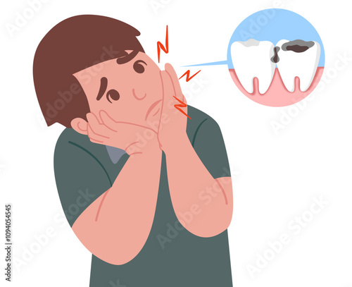 A  boy has a toothache because of tooth decay. kid dental problem concept