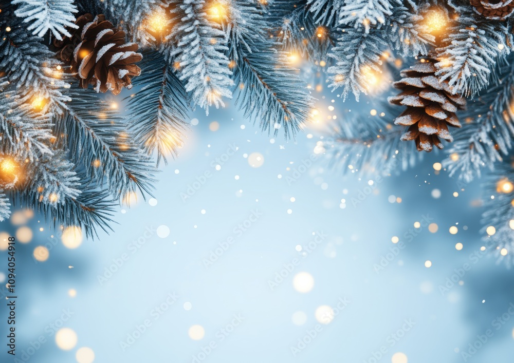 Beautiful Winter Background with Frosted Pine Branches, Pine Cones, Twinkling Christmas Lights, and Soft Bokeh Glow on a Light Blue Backdrop Beautiful Winter Background with Frosted Pine Branches, Pine Cones, Twinkling Christmas Lights, and Soft Bokeh Glow on a Light Blue Backdrop