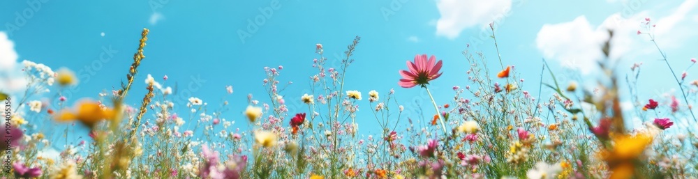 A vibrant field of wildflowers under a bright blue sky, showcasing nature's beauty. A vibrant field of wildflowers under a bright blue sky, showcasing nature's beauty.