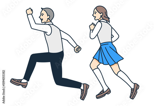 走者のように駆ける男子と女子。全身を描いた元気な学生たちのベクターイラスト素材。