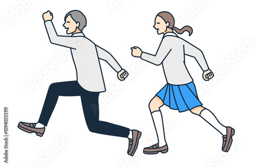 ブレザーを着た男子高生と女子高生が楽しくダッシュする。かわいい人物イラスト素材。