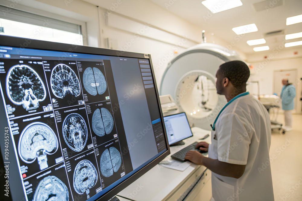 Obraz premium MRI scans display showing detailed sections and angles of the brain on screen at hospital