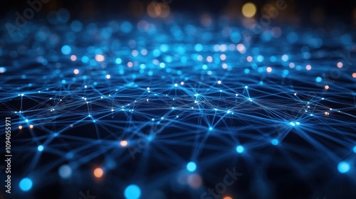 A digital network visualization with interconnected nodes and lines representing data flow.