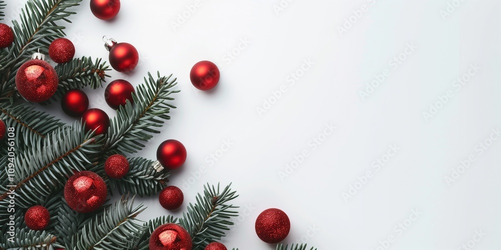 Christmas Fir Branches with Red Baubles and Copy Space Christmas Fir Branches with Red Baubles and Copy Space
