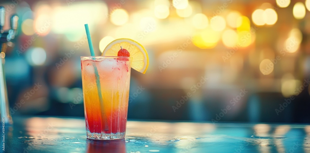 A vibrant cocktail with a gradient of colors, garnished with a lemon slice and cherry. A vibrant cocktail with a gradient of colors, garnished with a lemon slice and cherry.