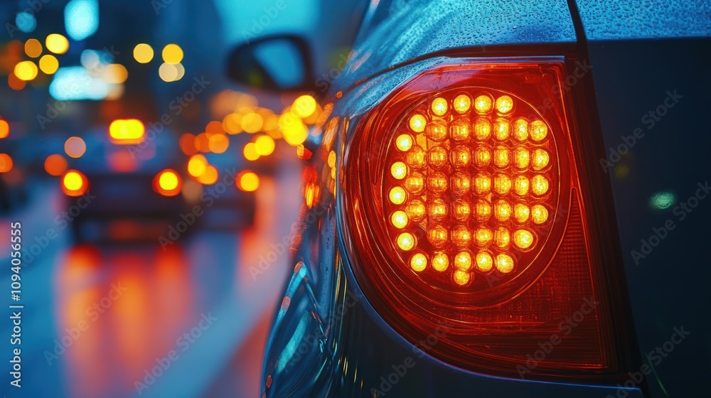 A close-up of a car's rear light, glowing in a busy urban setting during twilight.
