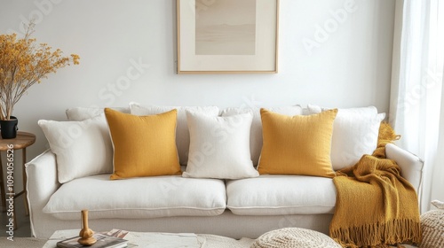 Mustard Yellow Throw Pillows and Cozy Sofa Decor photo