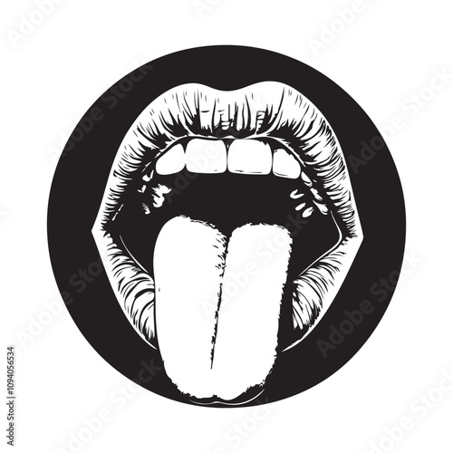 Black and white Open Mouth Sticking Out Tongue Stock Image vector isolated on white background