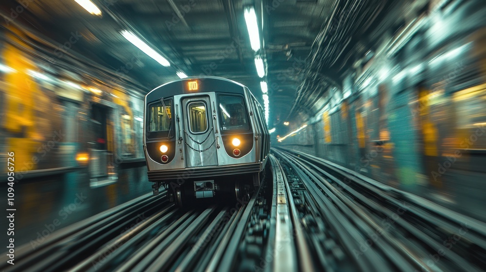 Fototapeta premium A subway train in motion through a blurred underground tunnel.