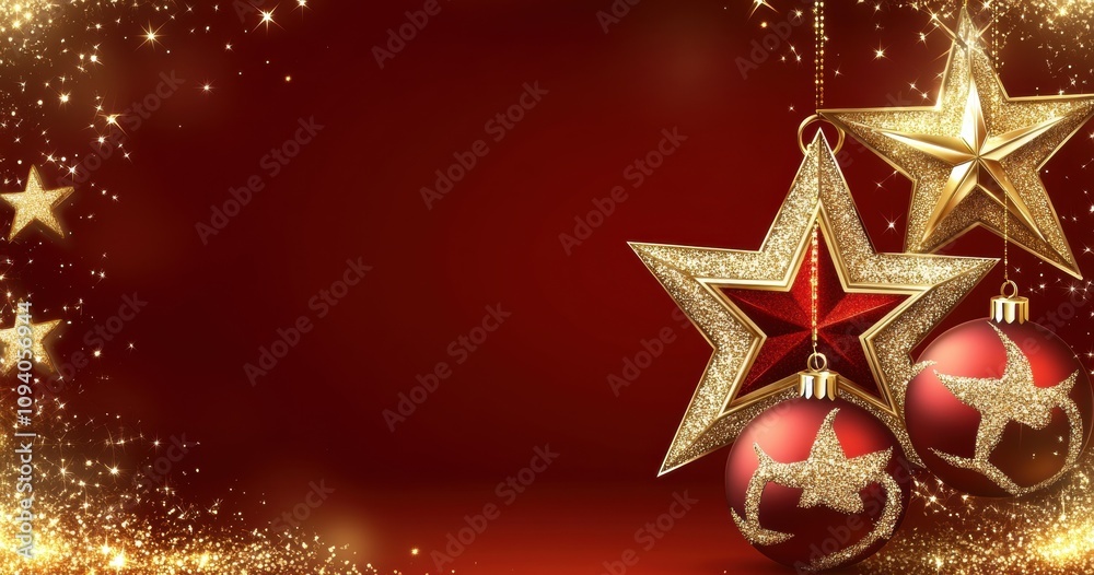 Festive Holiday Background with Golden Stars and Red Christmas Ornaments on Shimmering Red Backdrop Perfect for Seasonal Celebrations and Decorations Festive Holiday Background with Golden Stars and Red Christmas Ornaments on Shimmering Red Backdrop Perfect for Seasonal Celebrations and Decorations