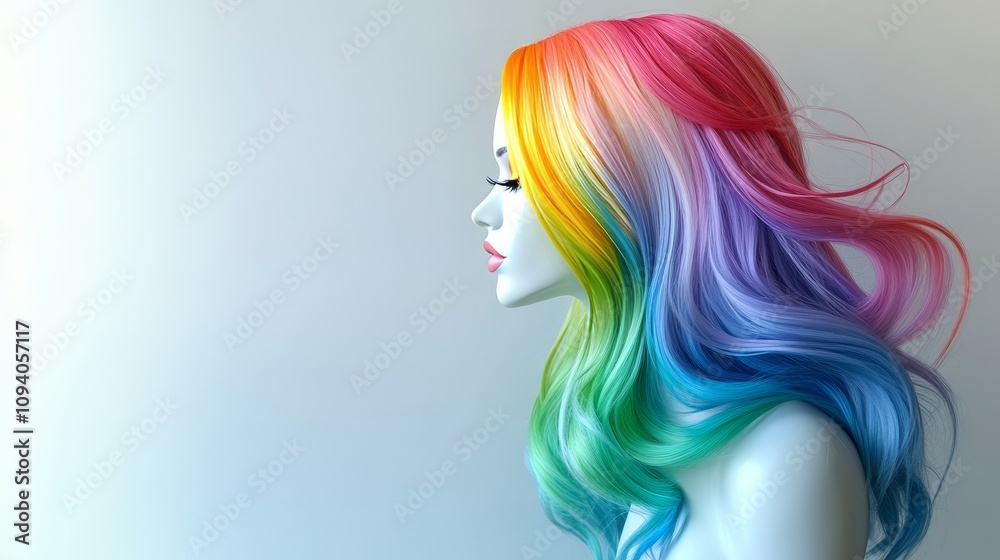Rainbow Wig, Isolated Vibrant, Colorful Hairstyle on Mannequin, Studio Shot, Beauty and Fashion