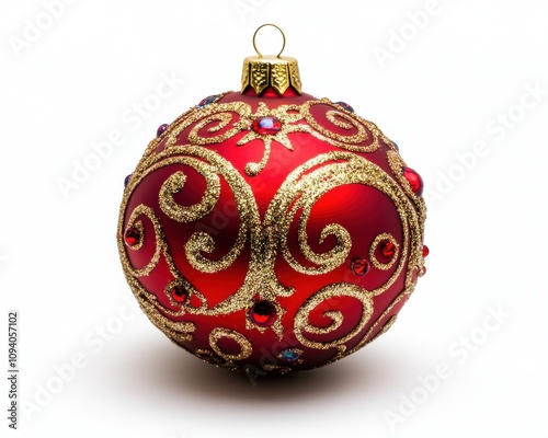 Elegant Red Christmas Ornament with Intricate Gold Swirls and Colorful Gems, Perfect for Holiday Decor and Festive Celebrations in a Warm Atmosphere