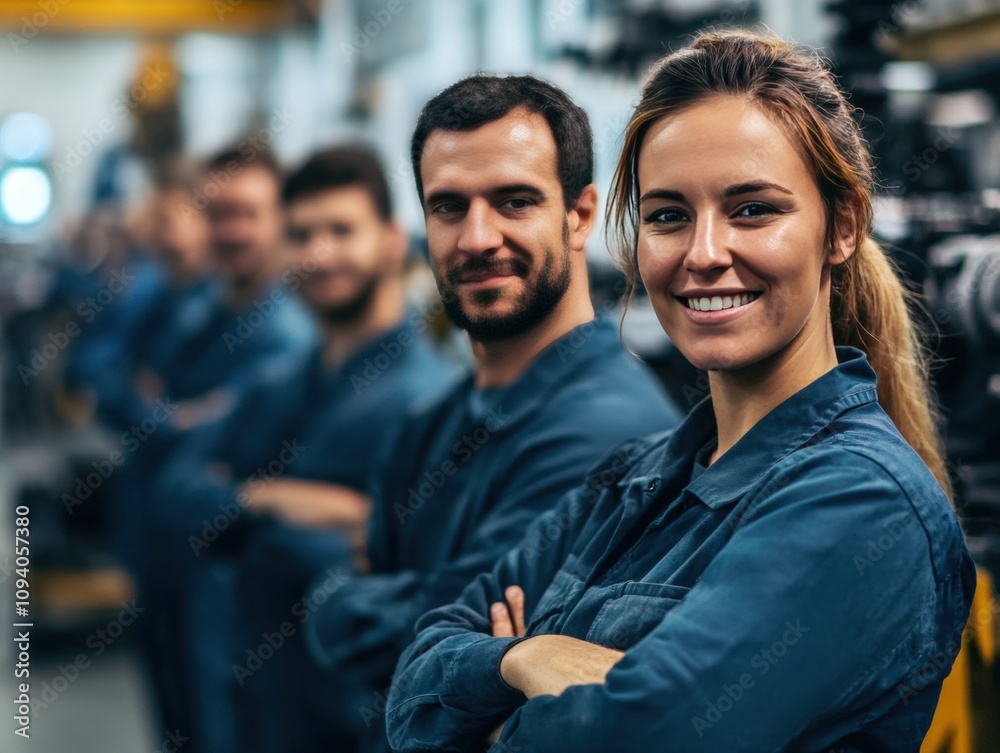 Confident industrial workers standing in a row on the factory floor Confident industrial workers standing in a row on the factory floor