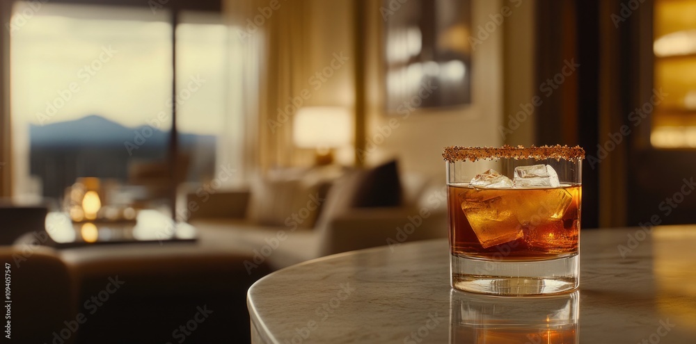 A close-up of a cocktail on a table with a cozy, elegant living space in the background.
