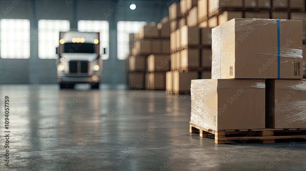 A busy warehouse scene featuring stacked cardboard boxes on pallets, with a delivery truck parked in the background, indicating shipping and logistics activities.