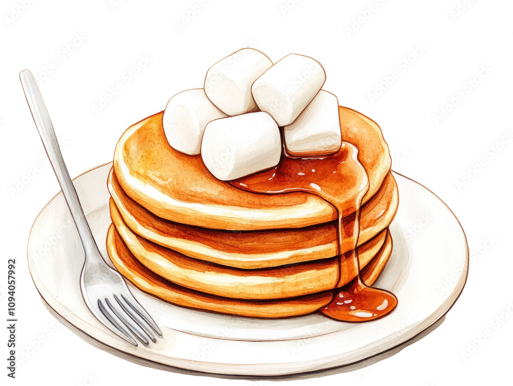 Delicious Stack of Pancakes with Syrup and Marshmallows Delicious Stack of Pancakes with Syrup and Marshmallows