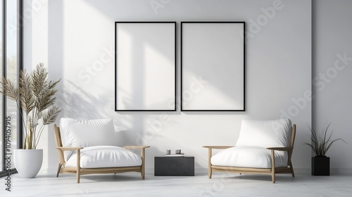 Modern Minimalist Living Room Interior: 3D Render of Serene Space with Empty Frames. AI Generated