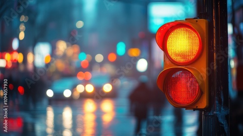 A red traffic light signaling for vehicles to stop in a bustling urban setting.