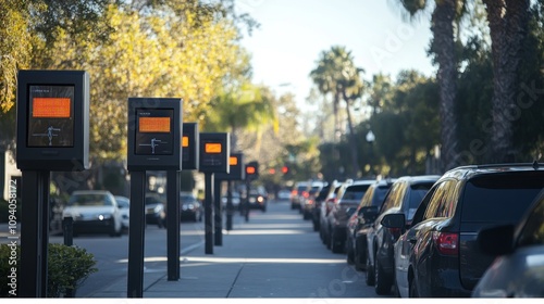 A street scene with parked cars and parking meters in a sunny environment.